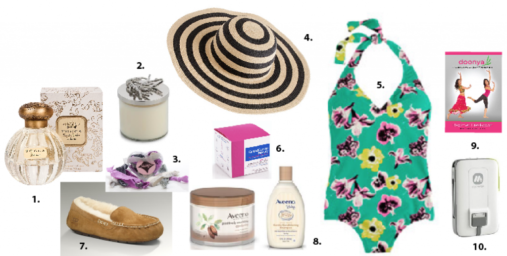 1. Tocca Liliana $68 2. Micheal Aram $60 3. Maddyloo $15 4. J.Crew hat $39.50 5. J.Crew Bathing suite $98 6. Grand Central Beauty Mask $75 7. Ugg Slippers $99 8. Aveeno $5.99-$8.49 9. Doonya Dance Fitness Series $12.99 or $24.99 for a set of 3 10. Summit 3000 $80