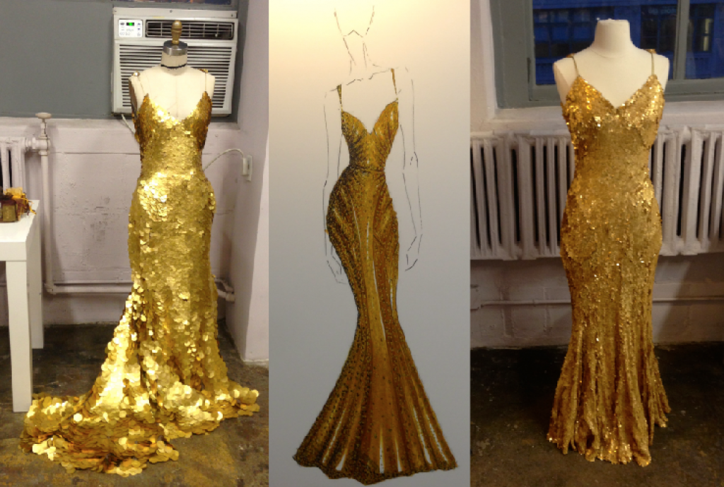 1.) Zac Posen's one-of-a-kind, 24-karat gold gown inspired by MAGNUM Gold?!  Valued at $1.5 million.  2.) Zac Posen's sketch 3.) Zac Posen's ready-to-wear version $2,990 