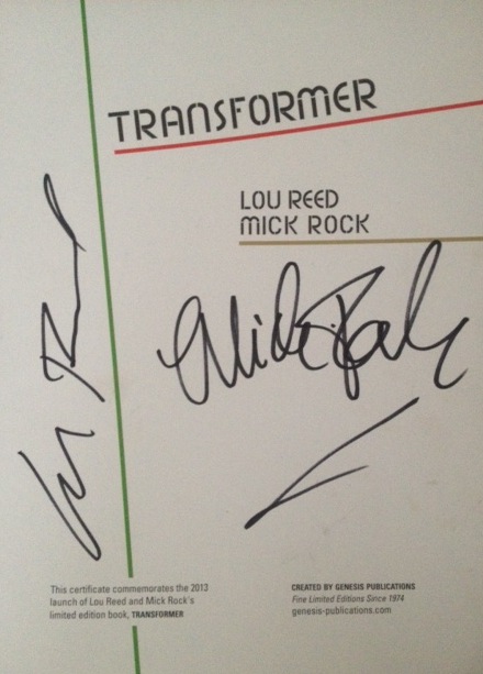 Mick Rock. Lou Reed autograph