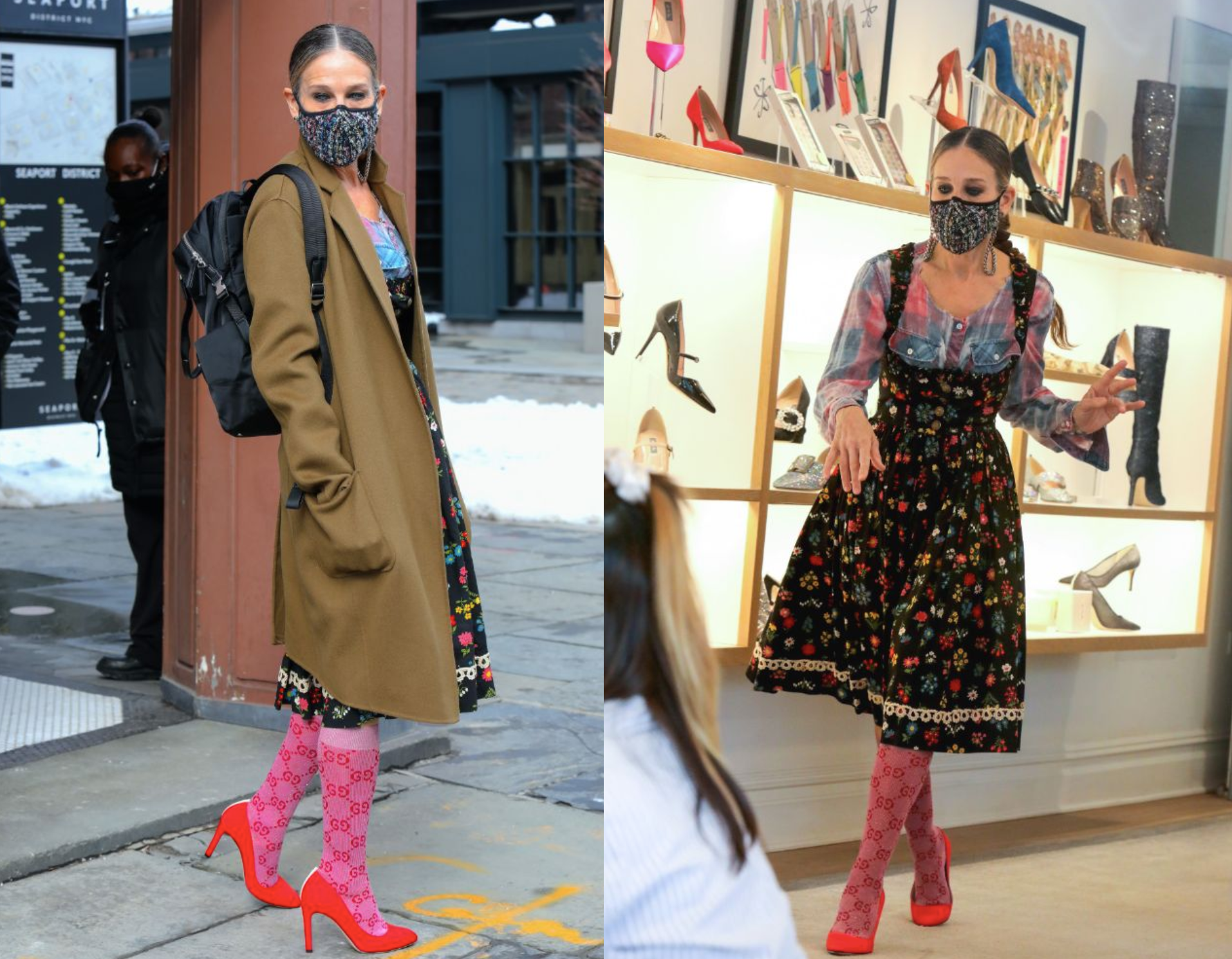 SJP Rocks Pretty Connected Mask Chain Opposite these Epic SJP Collection Heels + Gucci Socks